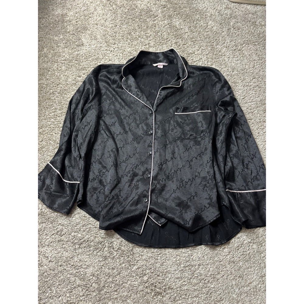Victorias Secret Black Logo Satin Pajama Top Button Down Long Sleeve XL